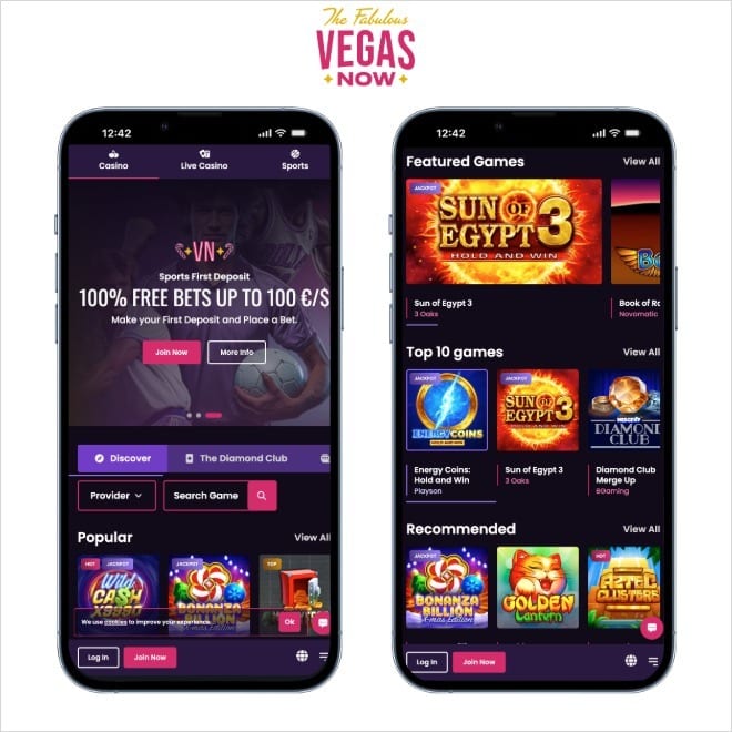 vegas now screenshots on two mobile screens on a white background